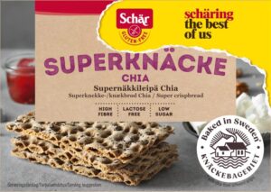 Schär chiaknekkebrød nytt design (Semper super knekkebrød Chia)