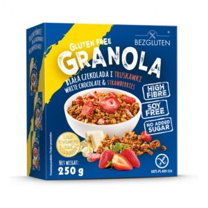 Bezgluten Glutenfri granola med hvit sjokolade og jordbær